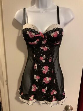 Jessica Simpson Black Mesh Floral Chemise with Pink Rose Accents